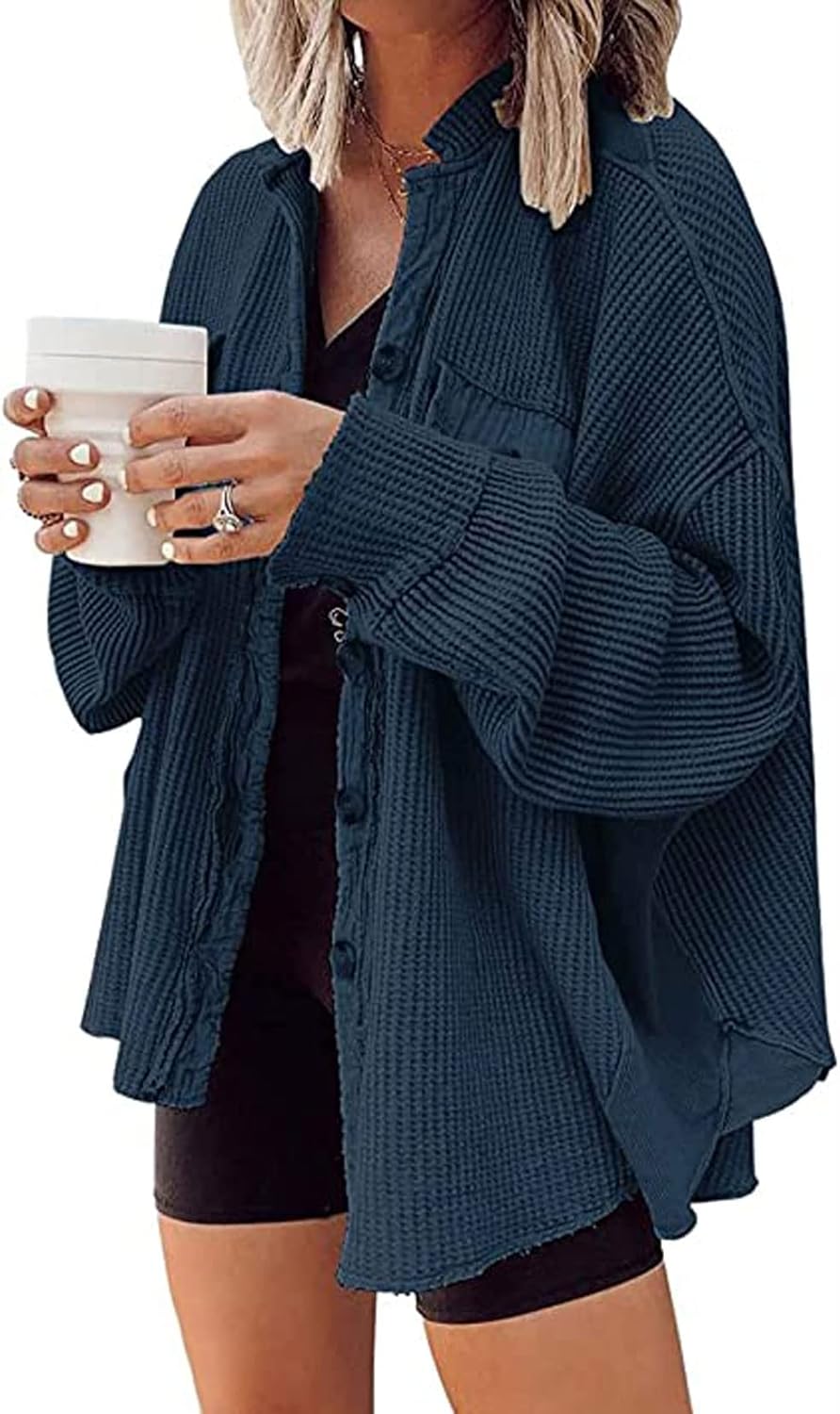 Oversized Waffle Knit Shirt for Women - Trendy Fall Shacket