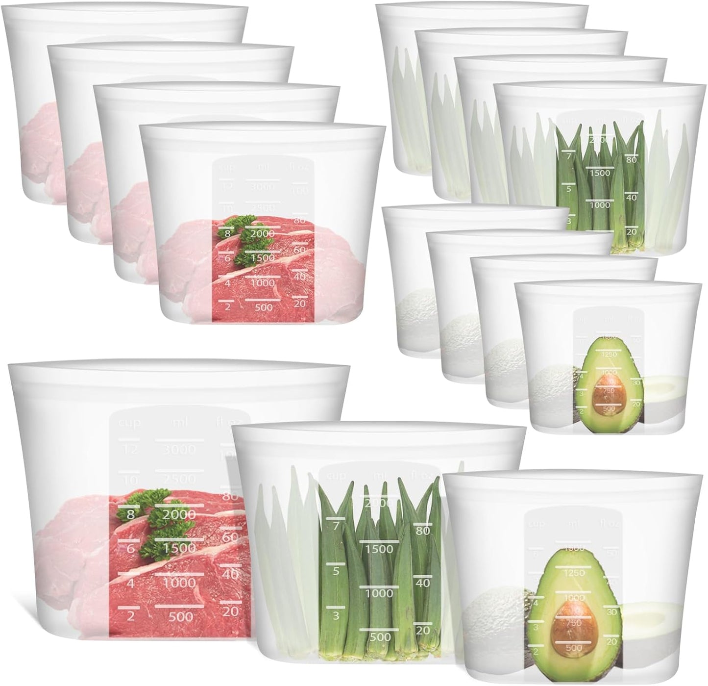 Reusable Silicone Storage Bags Set - Large 12 Pack for Food
