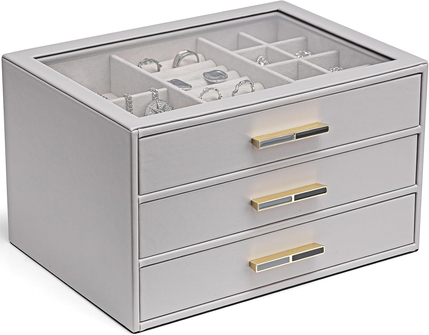 Vlando Jewelry Box for Women with Glass Lid and 3 Drawers
