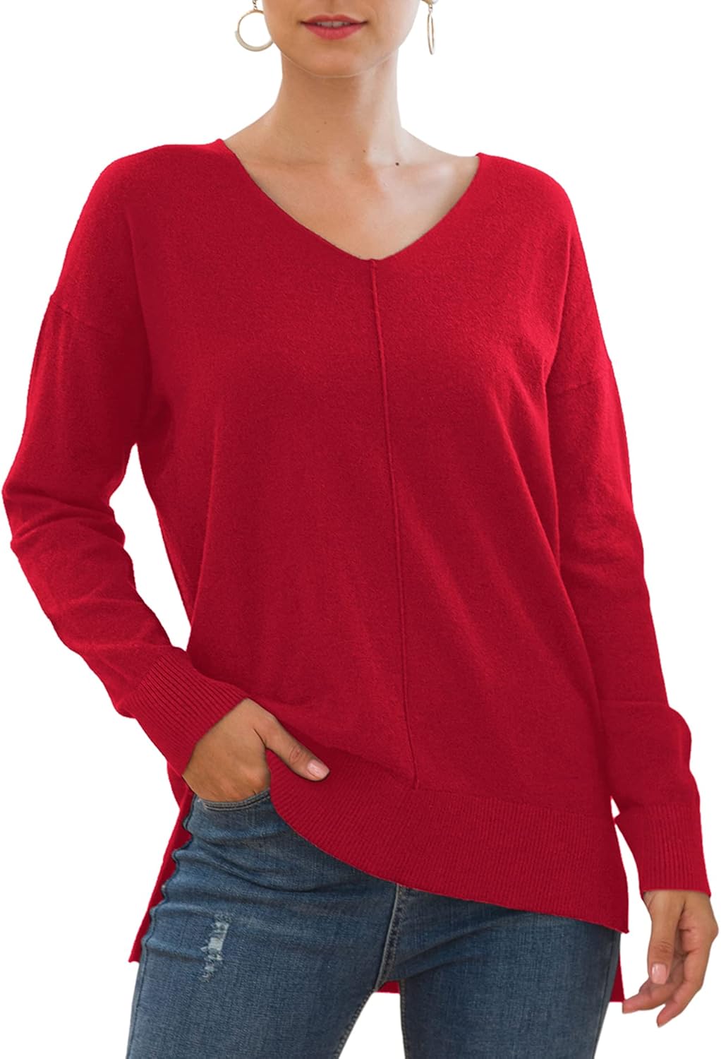 Jouica Women's Casual Lightweight V Neck Batwing Sleeve Sweater