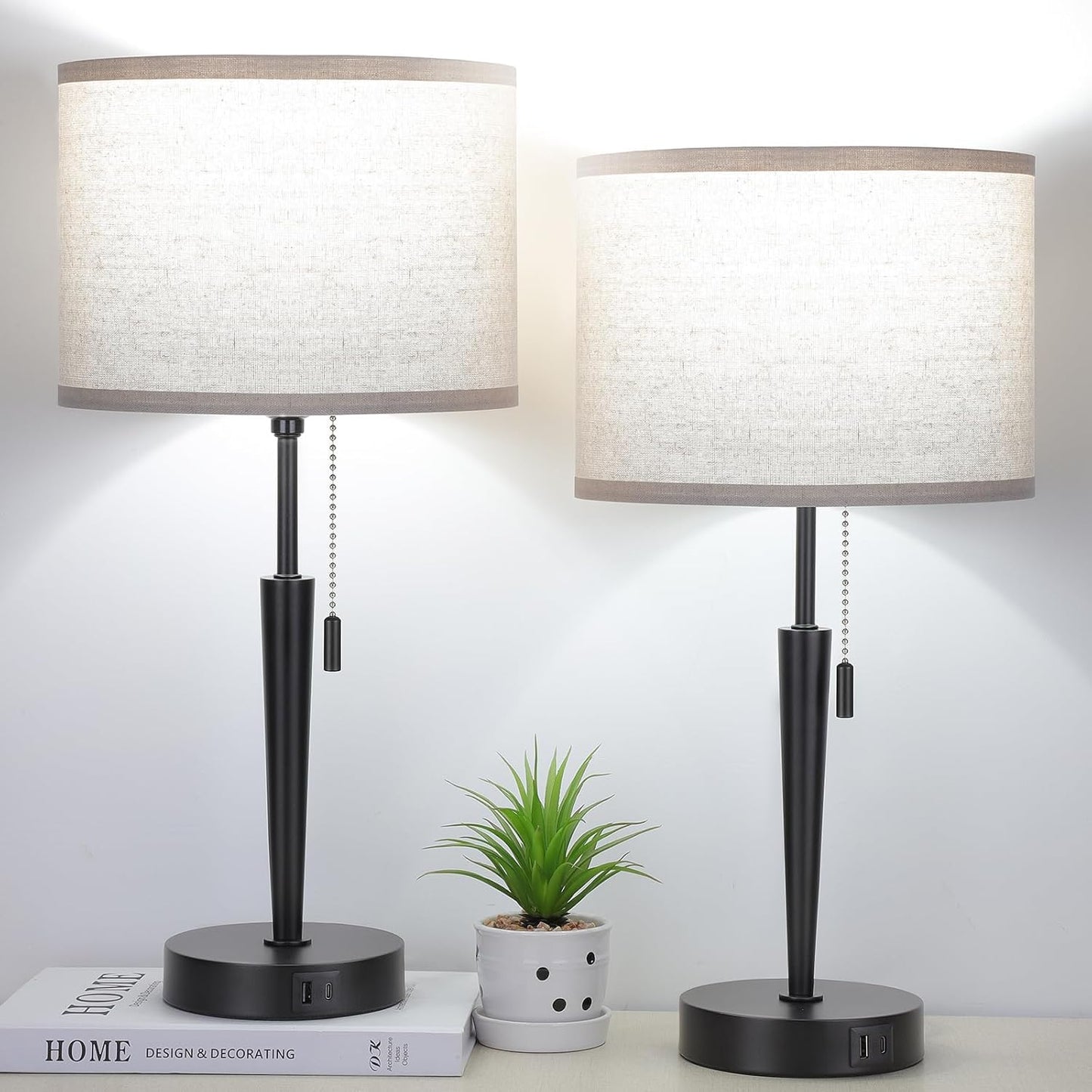 Set of 2 Bedside Table Lamps with USB C Charging Ports
