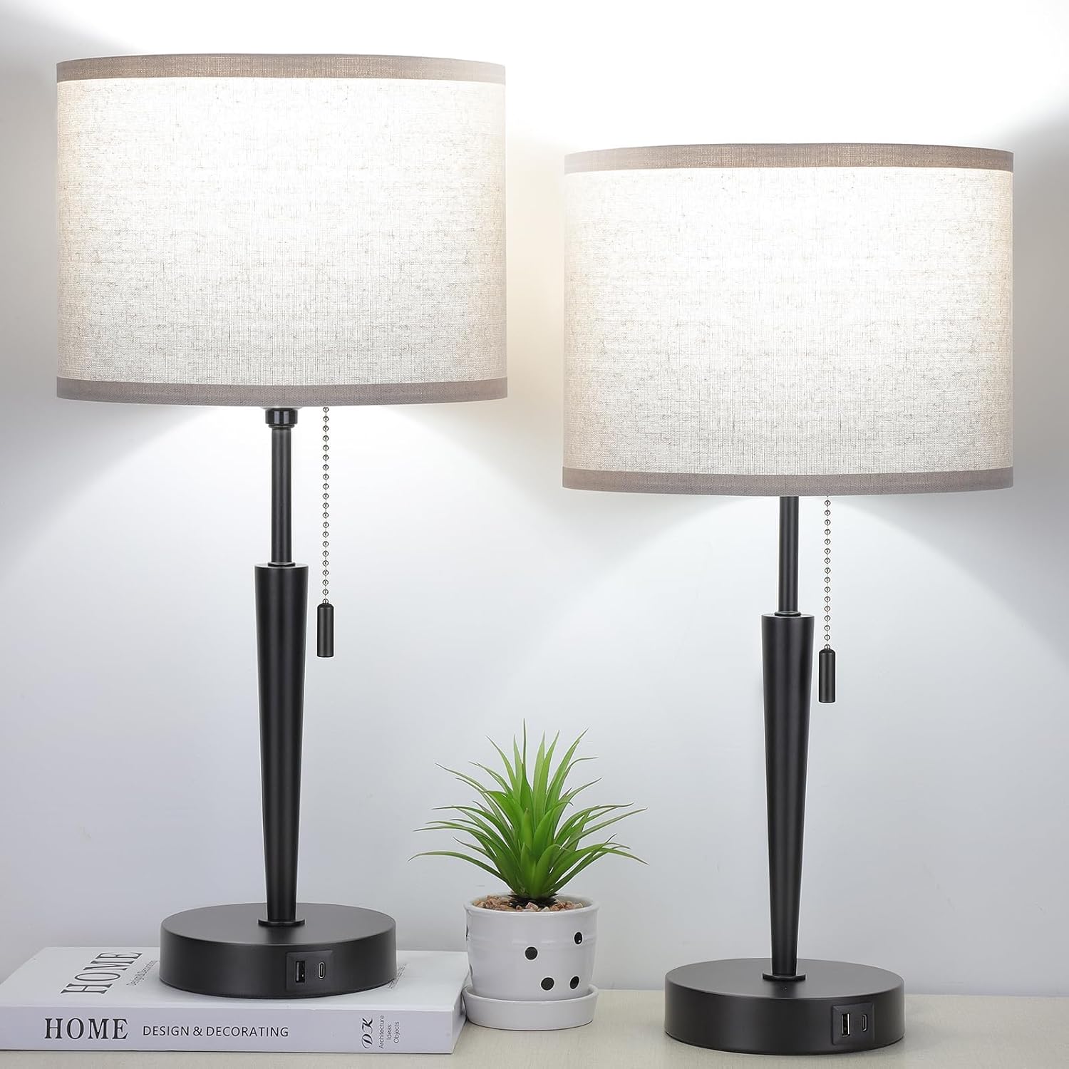 Set of 2 Bedside Table Lamps with USB C Charging Ports