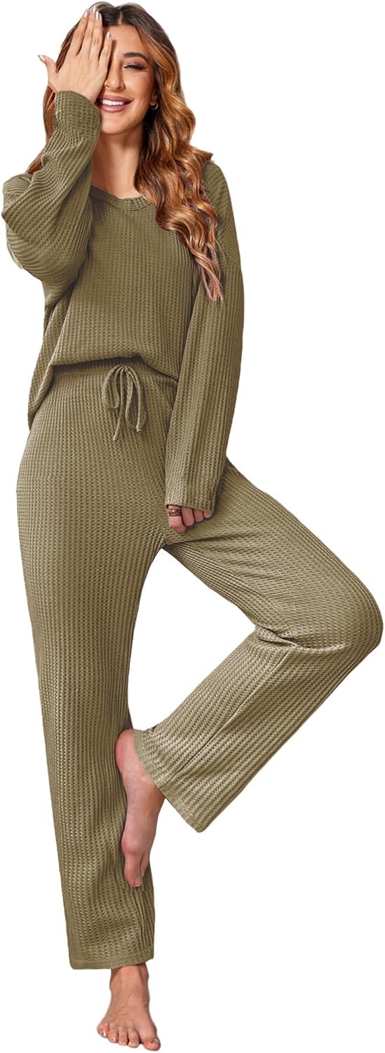 Ekouaer Women's Waffle Knit Pajama Sets for Cozy Comfort