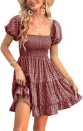 Veatzaer Puff Sleeve Square Neck Smocked Babydoll Dress - Flattering
