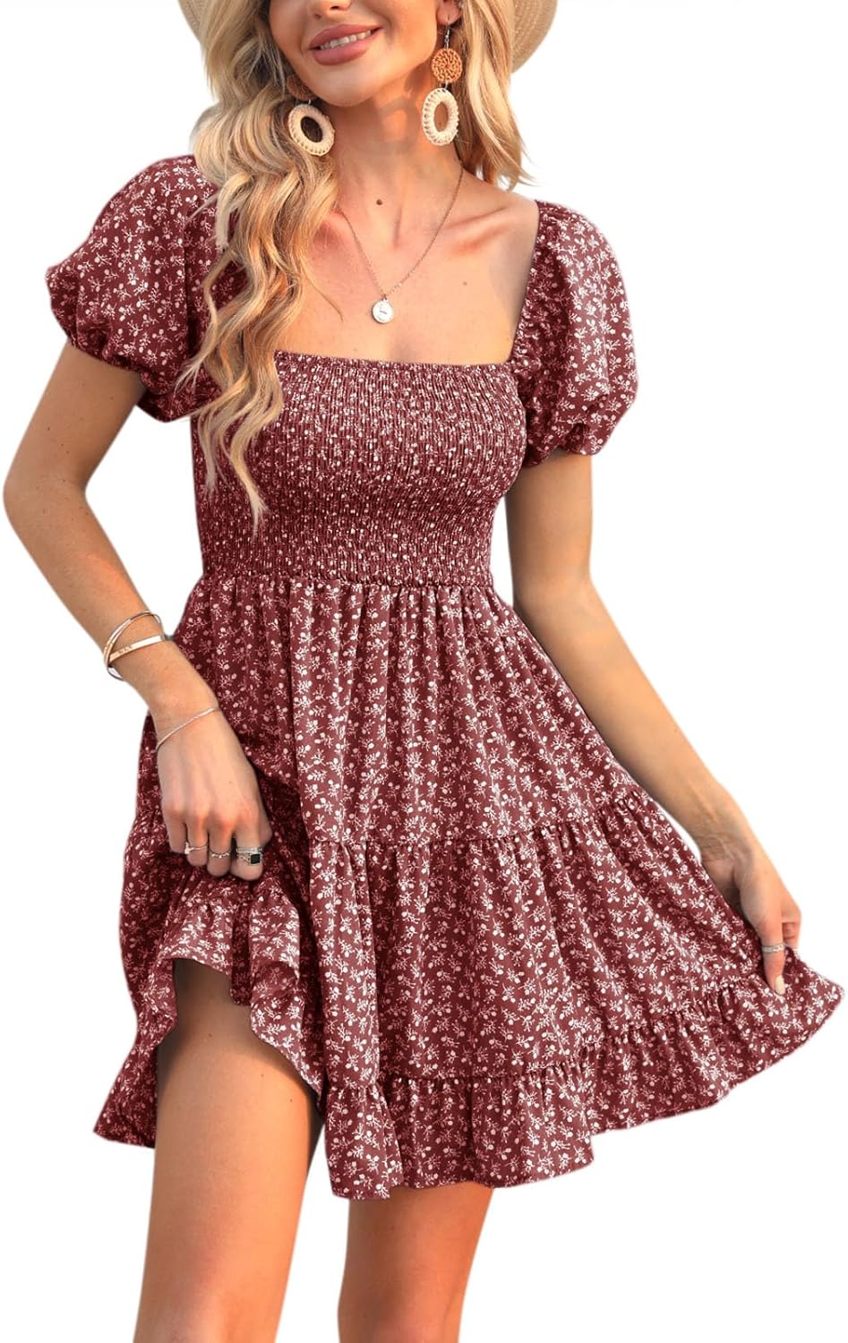 Stylish Puff Sleeve Square Neck Smocked Babydoll Dress for Women