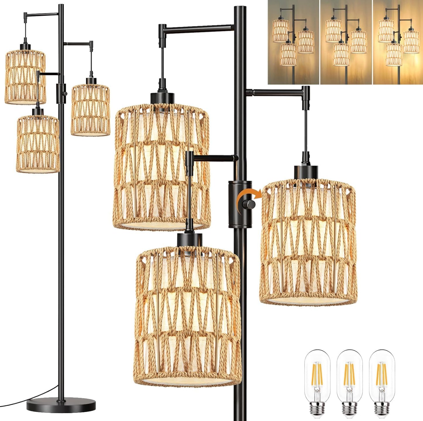 Boho Floor Lamp for Living Room with Dimmable LED Bulbs