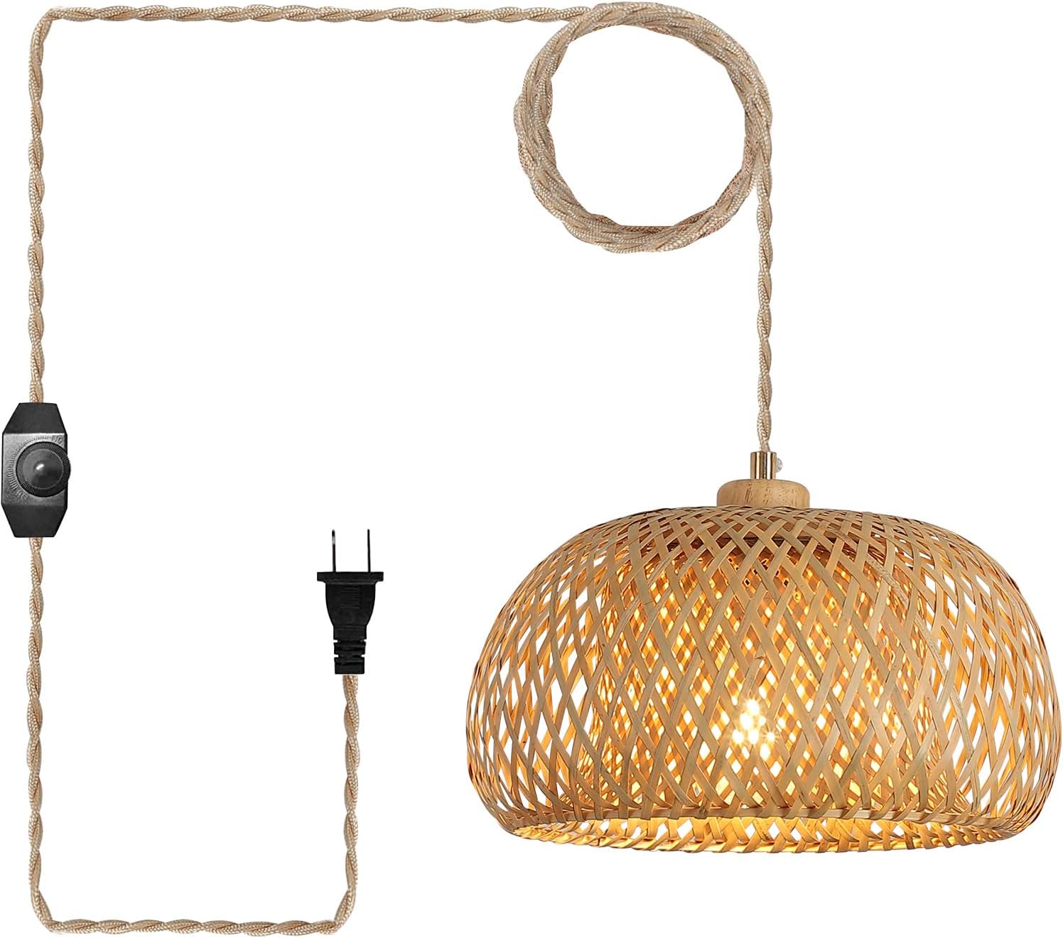 Bamboo Plug in Pendant Light with Handmade Woven Cord for Decor