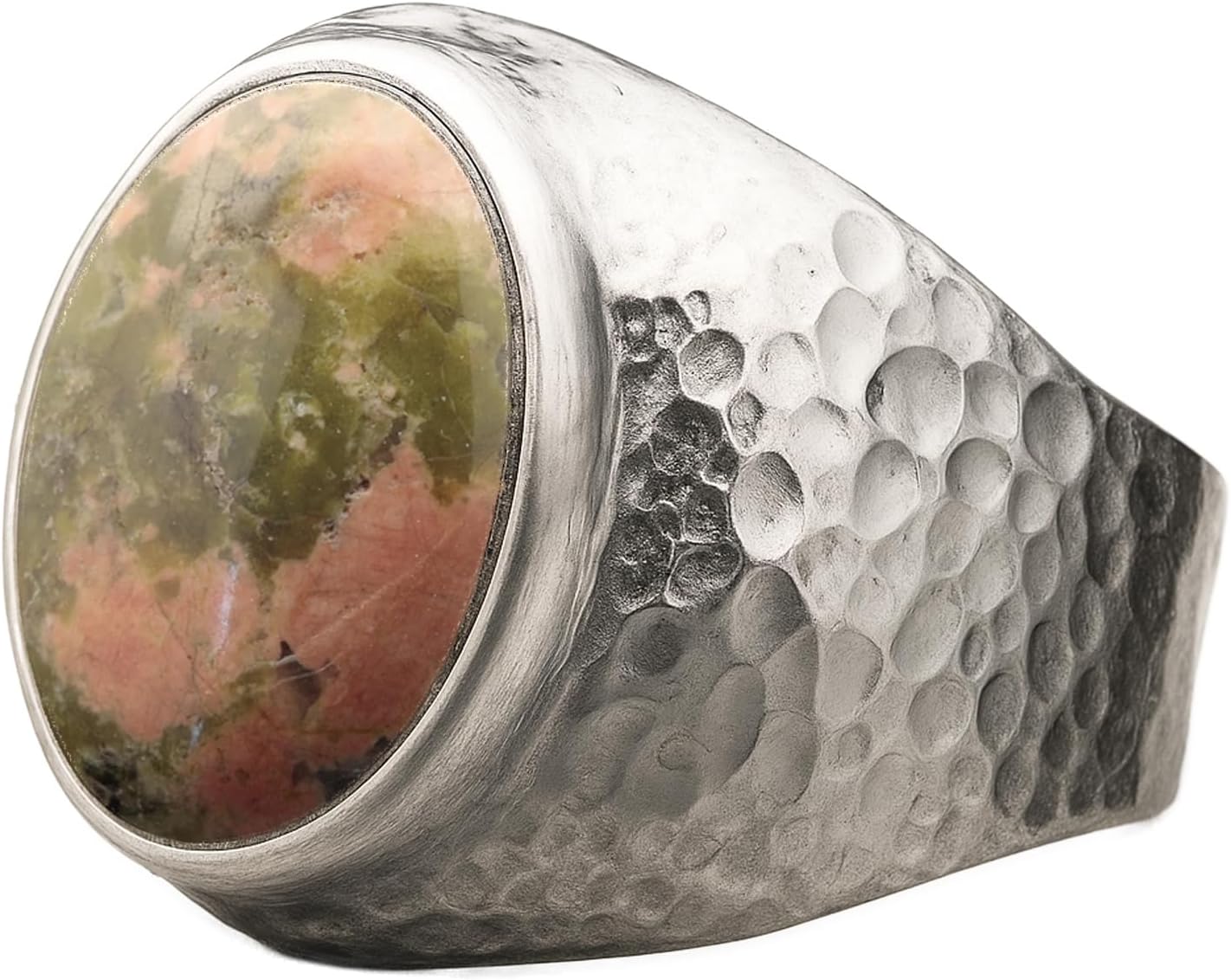 Natural Aventurine Crystal Ring for Men in Hammered Silver