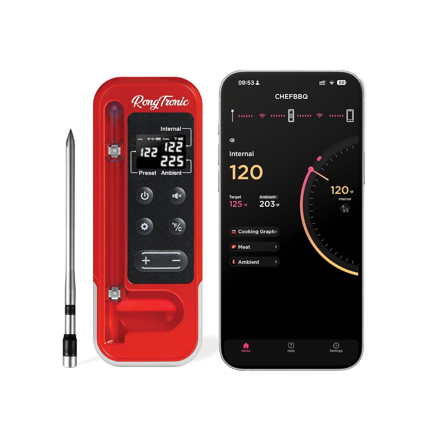 Wireless Meat Thermometer - Instant Read, Bluetooth, Smart App | Rong Tronic