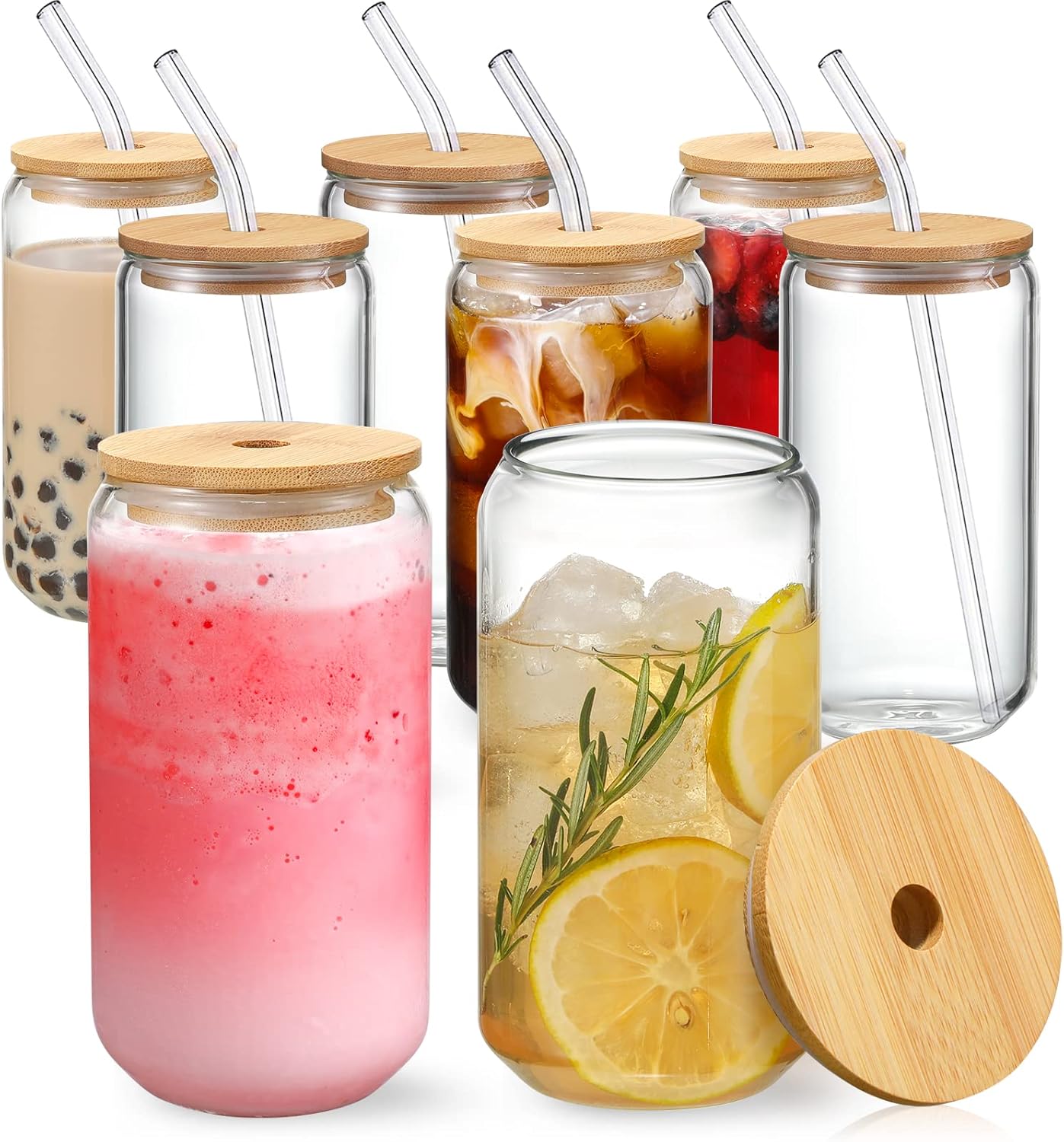 NETANY 16oz Glass Cups Set - Eco-Friendly Bamboo Lids & Straws - Ideal for All Beverages!