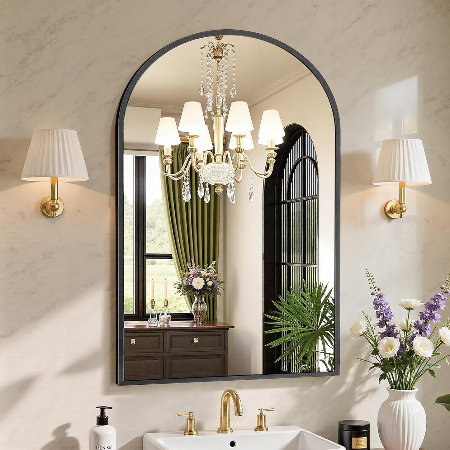 24x36 Arch Black Bathroom Wall Mirror with Metal Frame Design