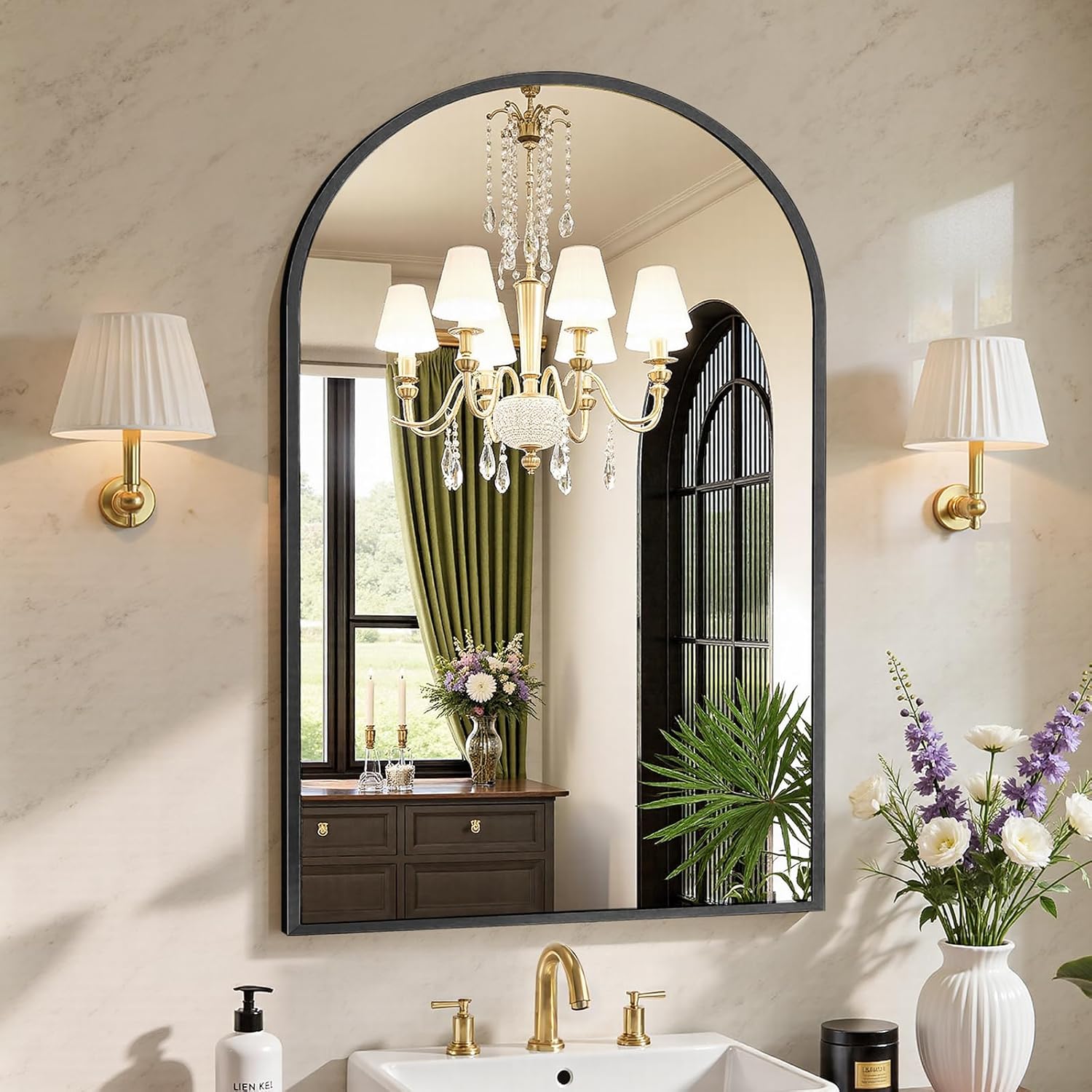 24x36 Arch Black Bathroom Wall Mirror with Metal Frame Design