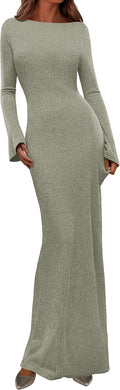 Women's Fall Maxi Dress Ribbed Knit Boat Neck - Comfortable Style