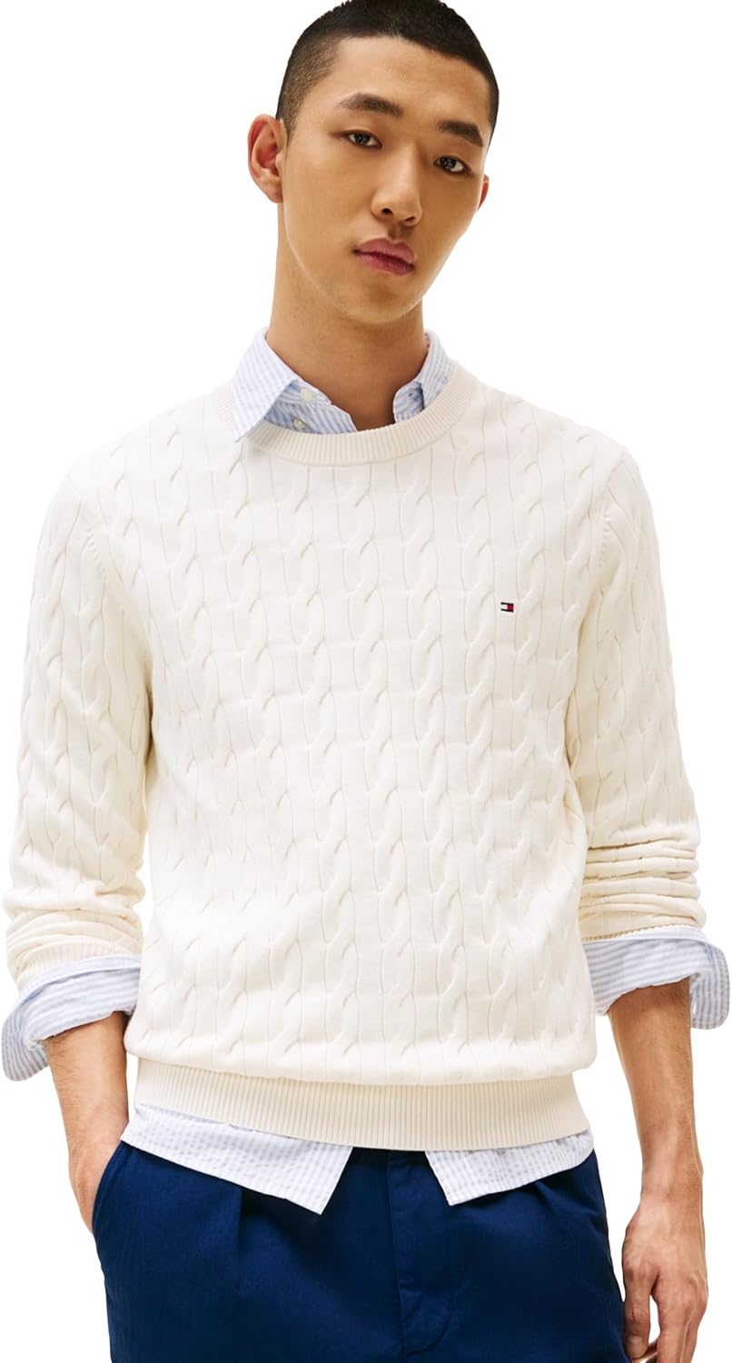 Tommy Hilfiger Men's Cable Knit Crewneck Sweater for Comfort
