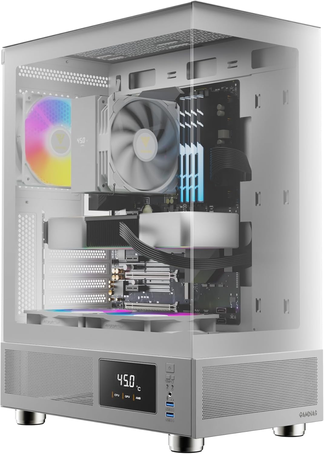 GAMDIAS White ATX Mid Tower Case with Tempered Glass & Fans