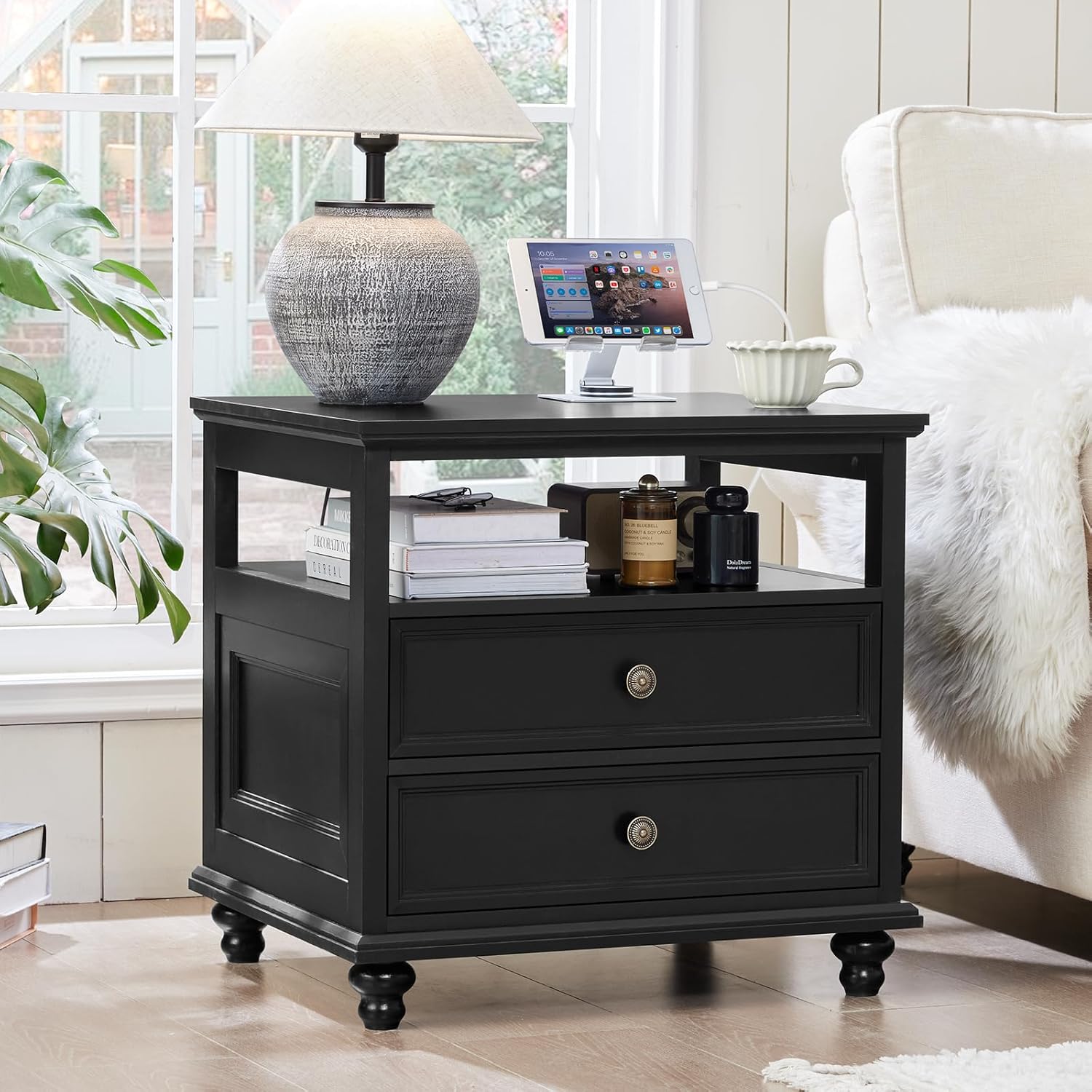 Farmhouse Nightstand with Charging Station for Bedroom Use
