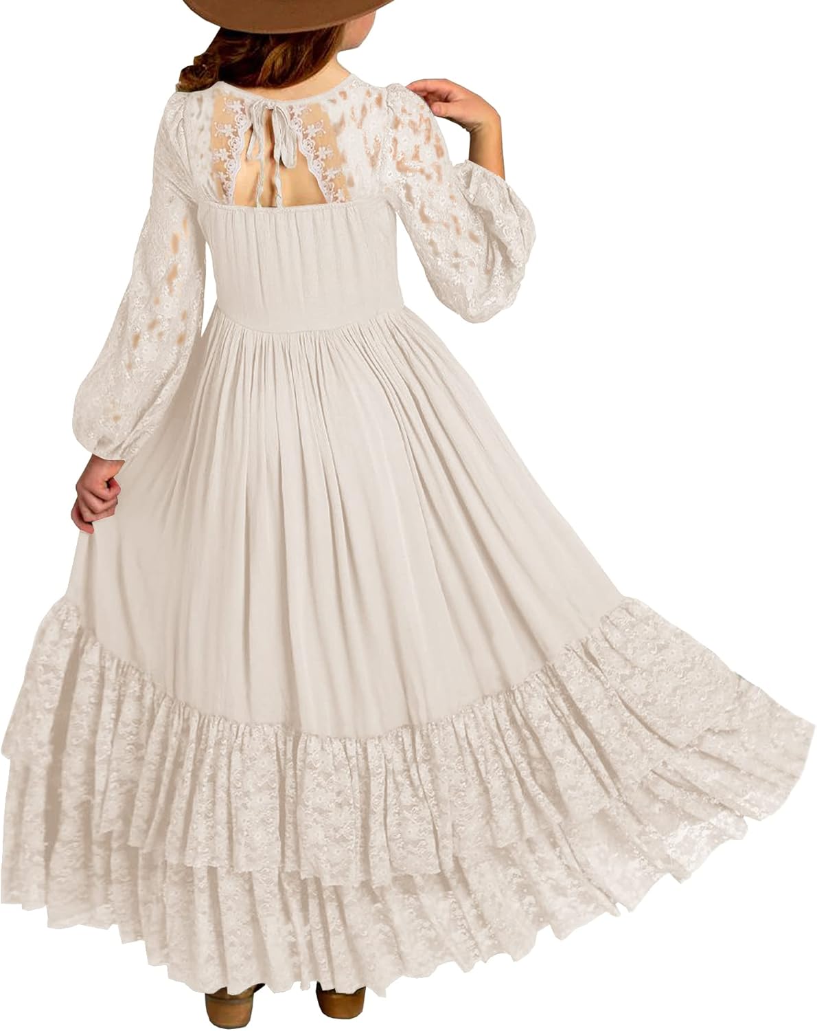MITILLY Girls Boho Long Sleeve Backless Lace Maxi Dress