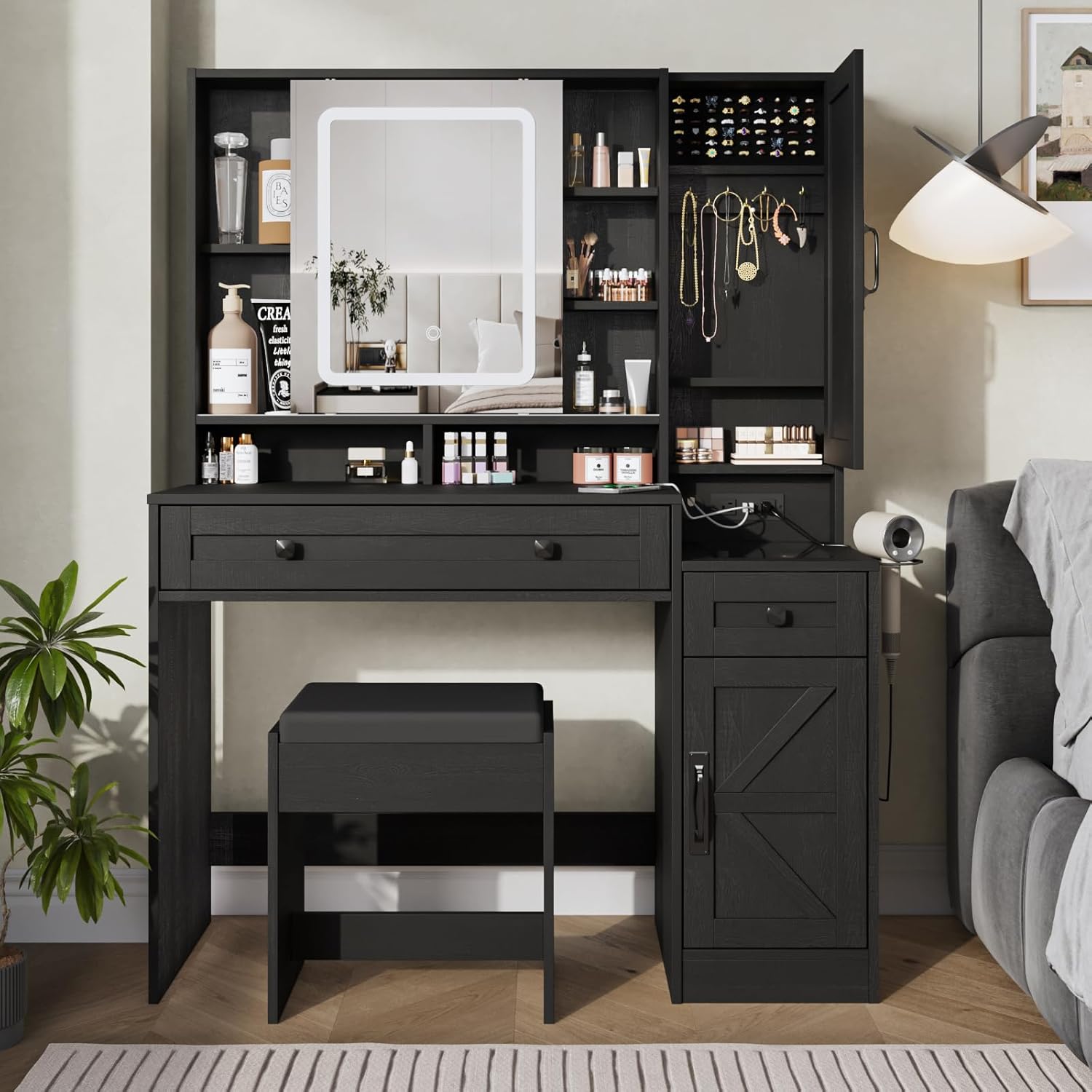 Fameill Vanity Desk with Lights & Storage, Power Outlet, Chair, Jewelry Cabinet - Black