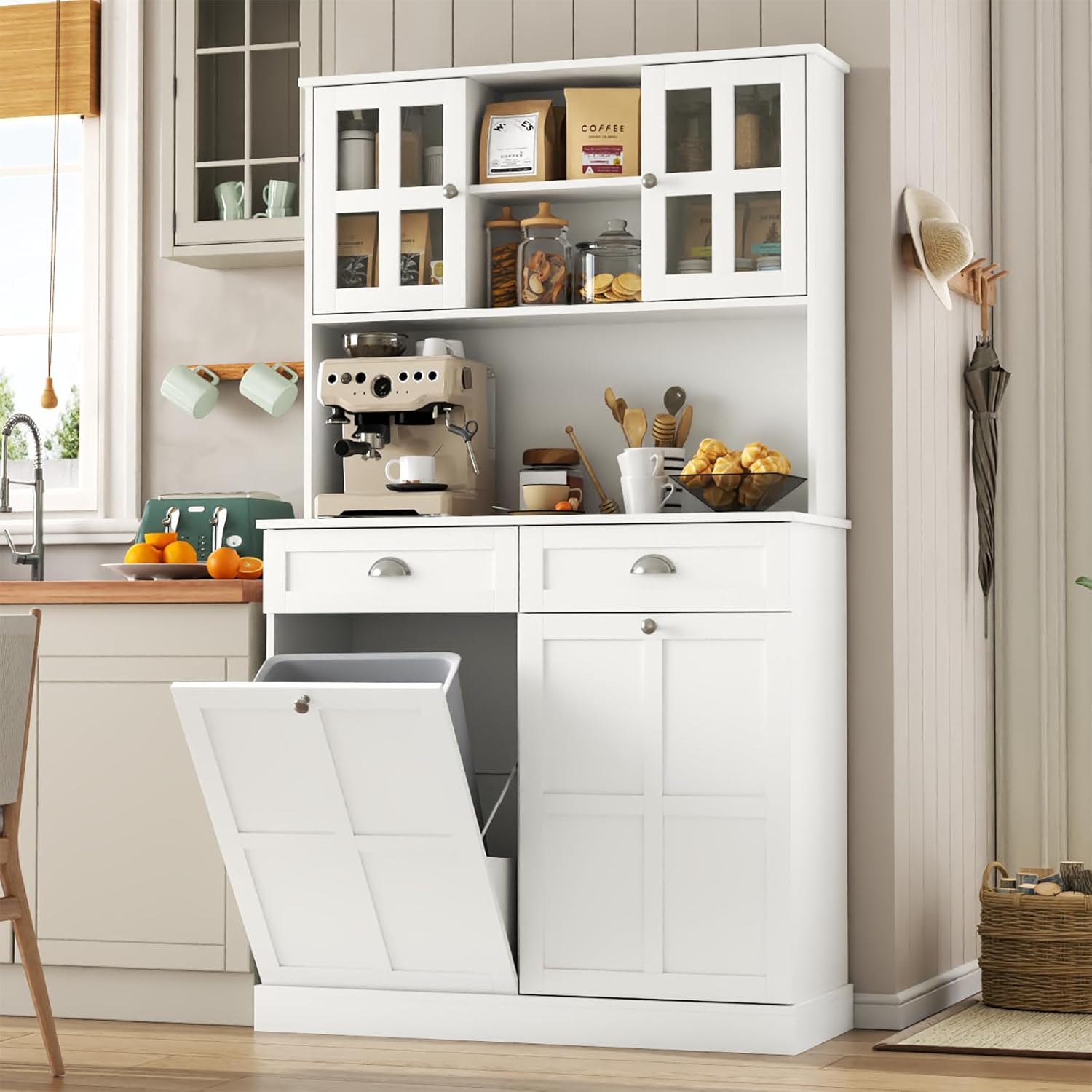 68 Tall Kitchen Pantry Cabinet with Hidden Trash & Hutch