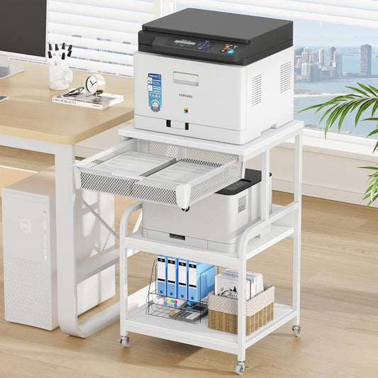 Large 3-Tier Rolling Printer Stand with Adjustable Shelves