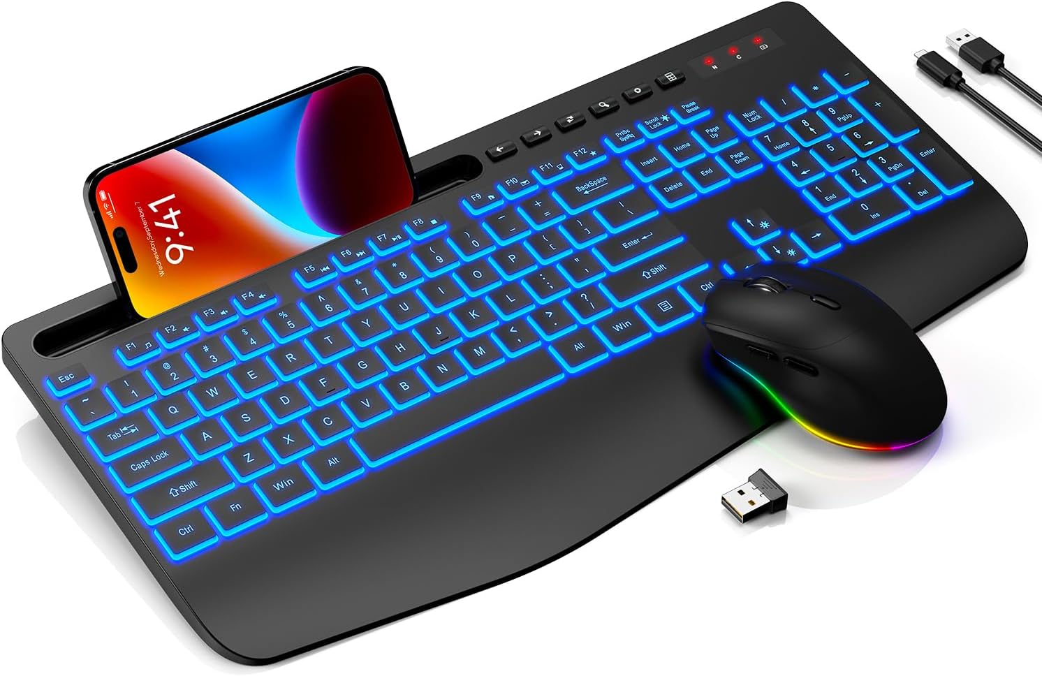 7Color Backlit Wireless Keyboard & Mouse - Ergonomic, Rechargeable, Silent Keys - Trueque