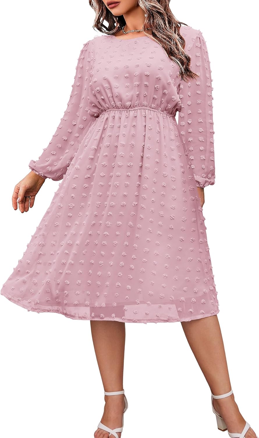 IN'VOLAND Women's Plus Size Swiss Dot Long Sleeve Dress