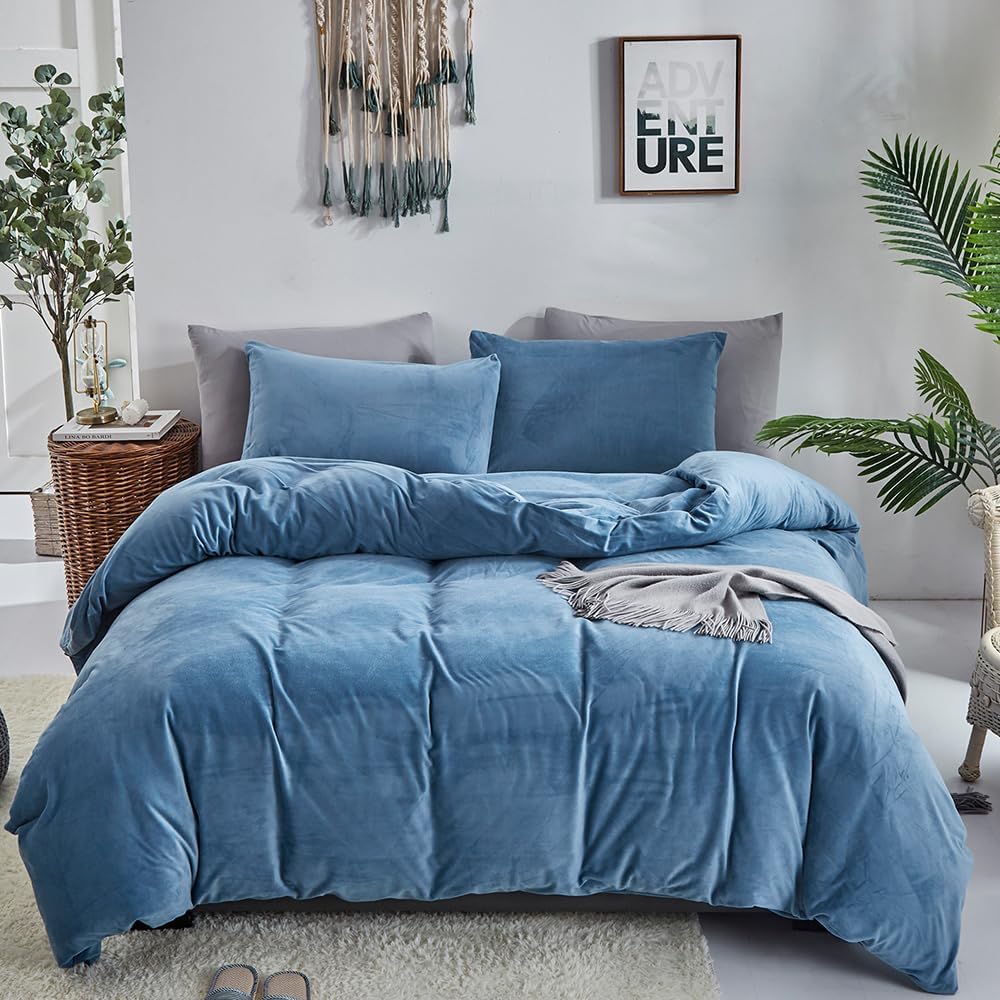 Blue Fluffy Queen Comforter Set with Velvet Bedding Softness