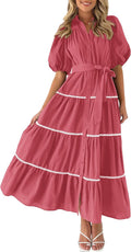Women's Summer Button Down Shirt Dress Maxi - Flowy Tiered Ruffle