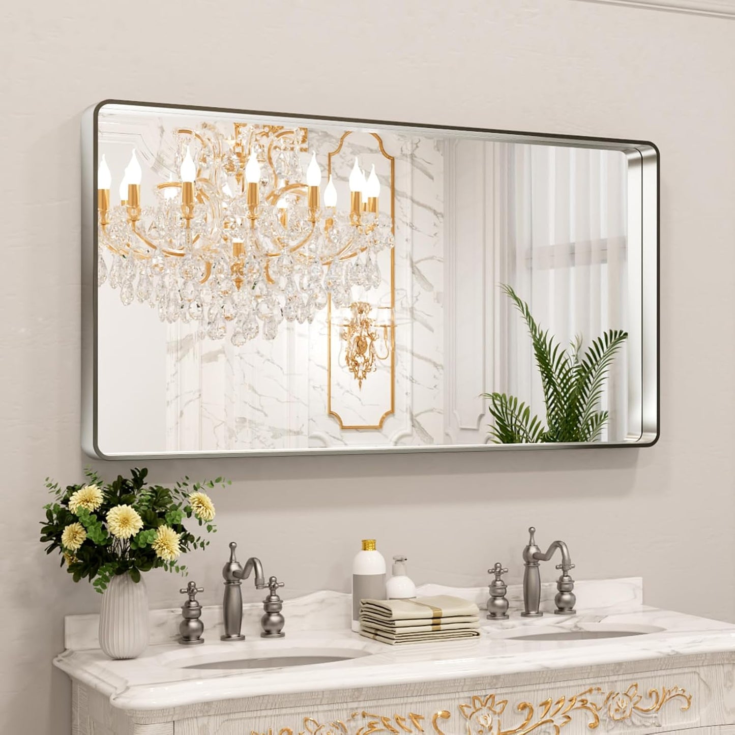 Brushed Nickel Bathroom Mirror with Rounded Rectangle Design