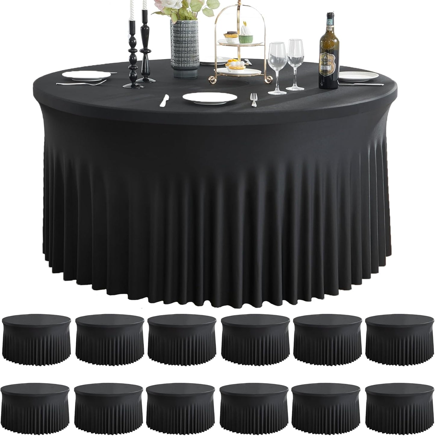 12 Pack Black Round Spandex Tablecloths for 60 in Tables