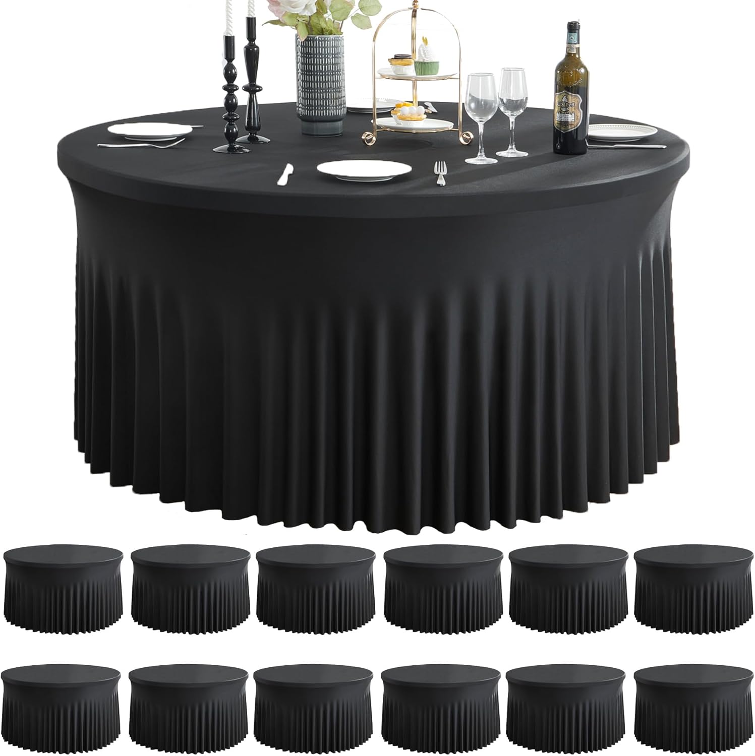 12 Pack Black Round Spandex Tablecloths for 60 in Tables