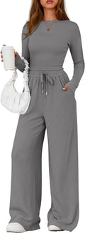 Matching Sets Women 2 Piece Lounge Set - Long Sleeve Crop Top & Wide