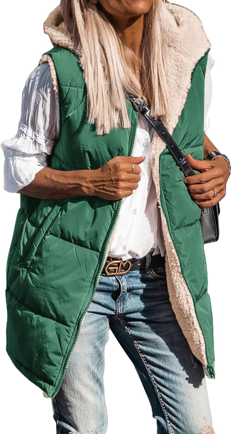 Long Puffer Vest for Women - Reversible Hooded Sherpa Jacket