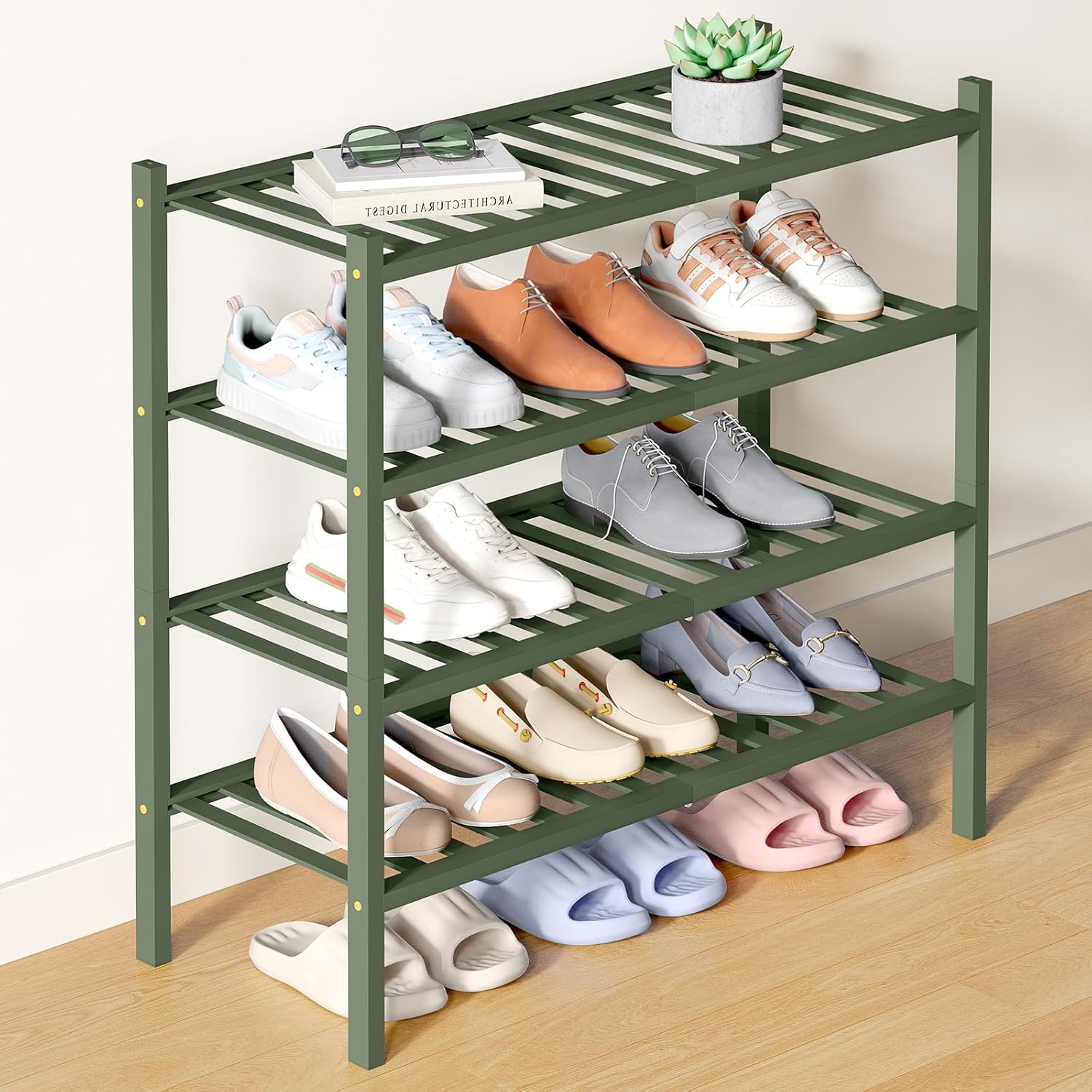 Smiry Bamboo Shoe Rack: 4 Tier Wooden Stackable Organizer