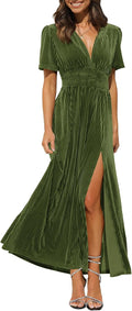 Women's Retro V-Neck Velvet Maxi Dress - Smocked Waist Formal Gown
