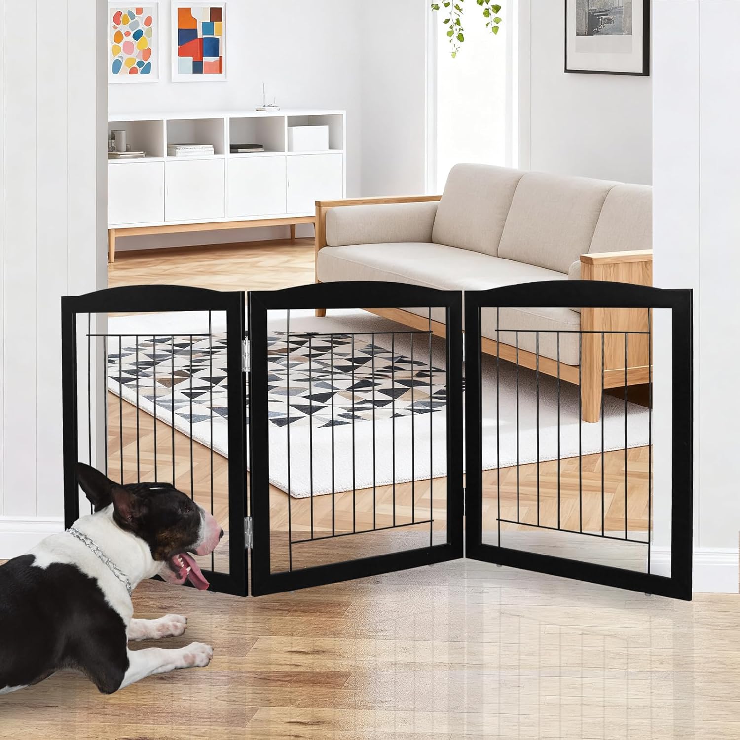 Freestanding Foldable Dog Gate for House Extra Wide Wooden