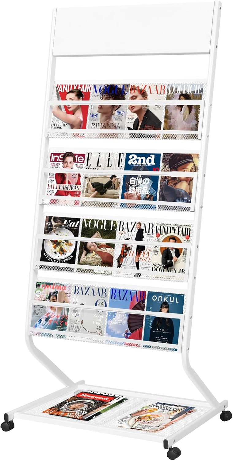 4-Tier Floor Standing Magazine Rack with Wheels for Easy Display
