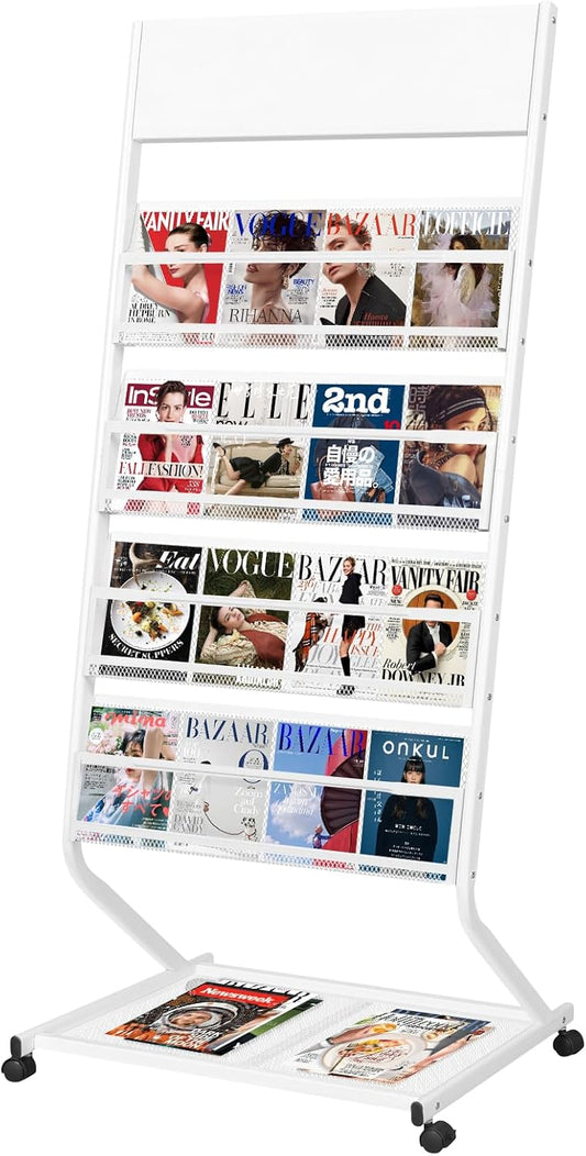 4-Tier Floor Standing Magazine Rack with Wheels for Easy Display
