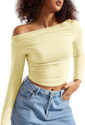 SUUKSESS Women Off Shoulder Long Sleeve Crop Top - Double Lined Soft 2