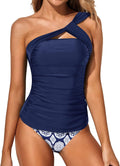 Blue Two Piece Tankini Bathing Suits for Women One Shoulder