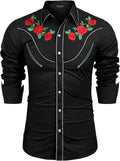COOFANDY Men's Western Cowboy Shirt Rose Embroidered Slim Fit