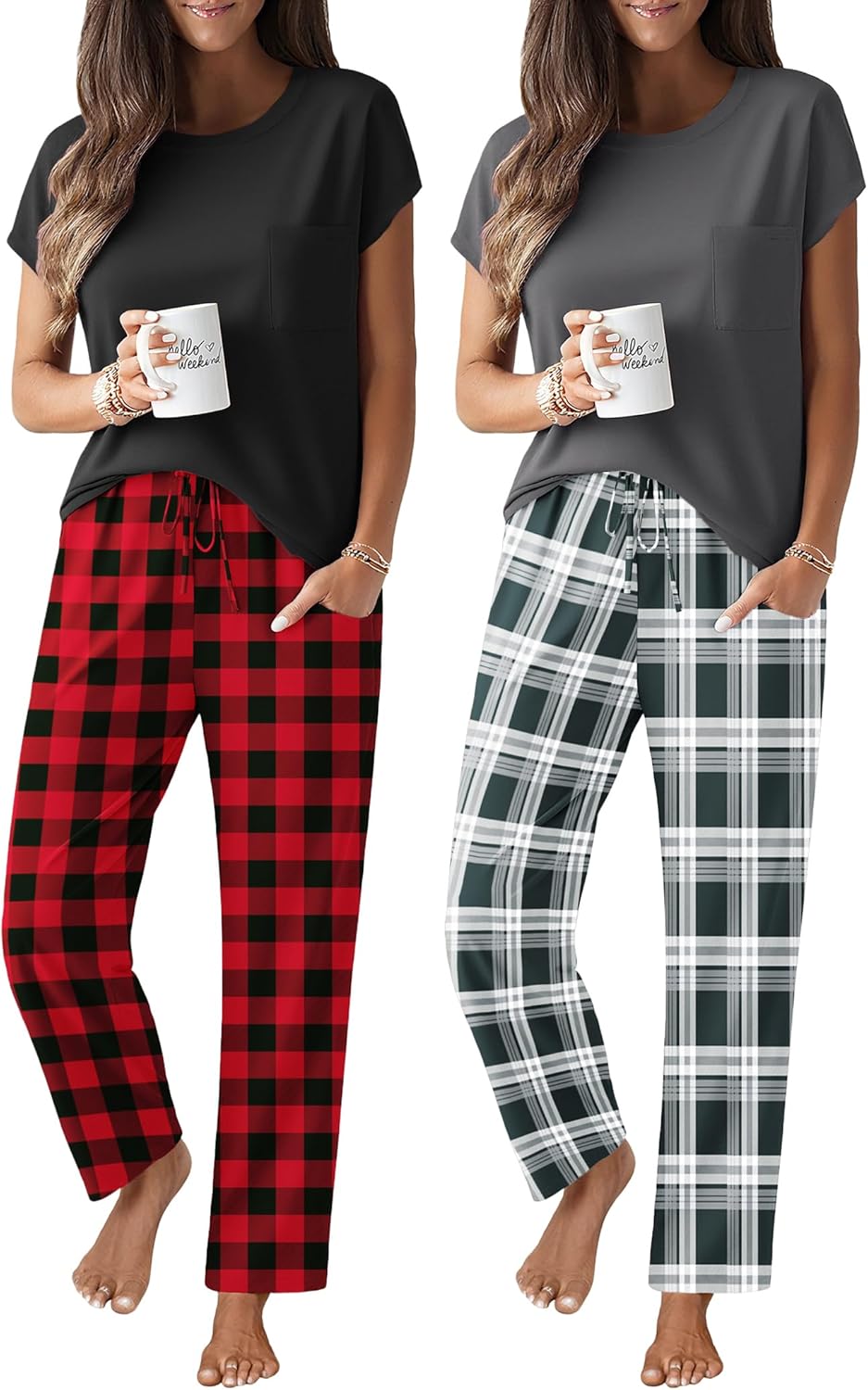 Ekouaer 2 Packs Pajamas for Women Set with Cap Sleeve Top