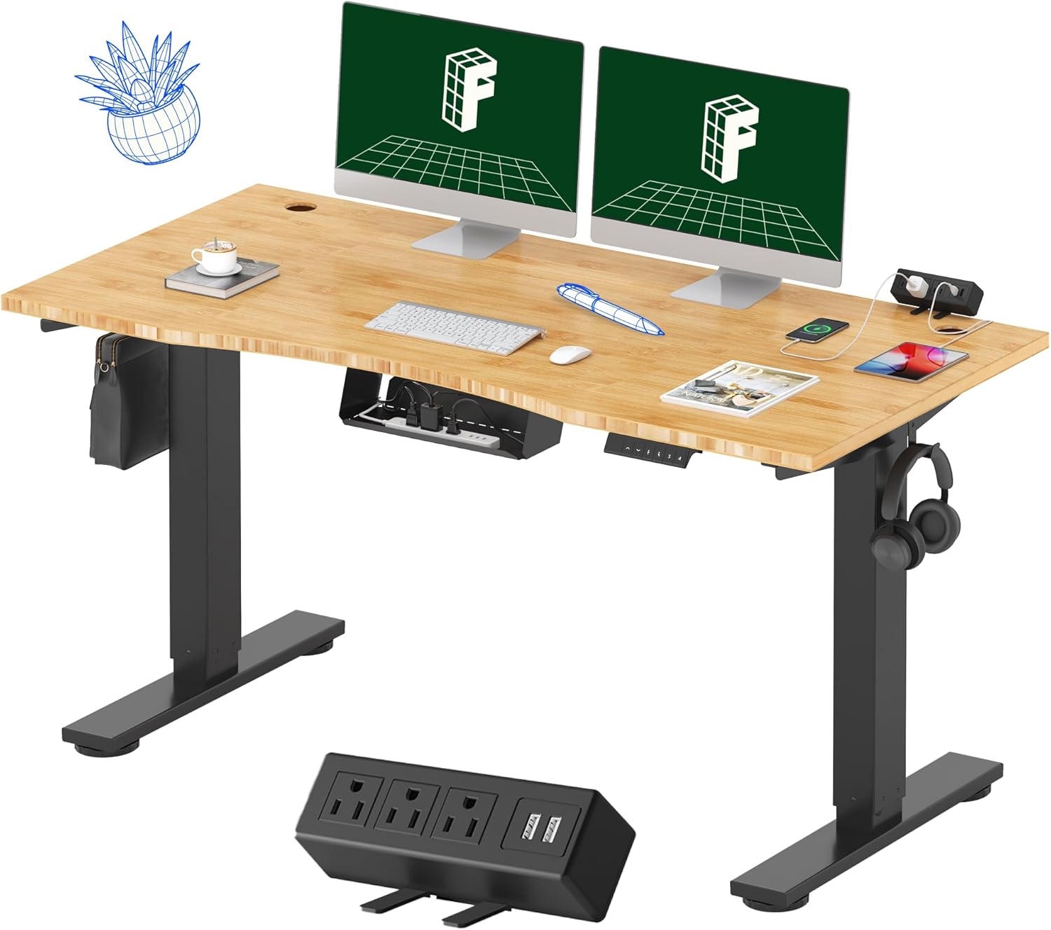 FLEXISPOT EN2 Bamboo Standing Desk with Clamp Power Strip