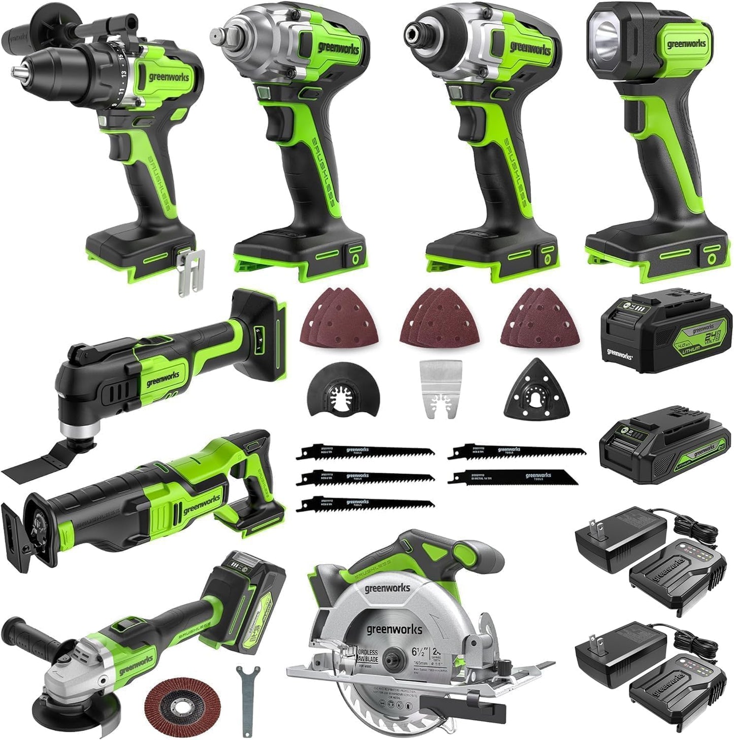 Greenworks 24V 8pcs Combo Kit with Batteries and Chargers