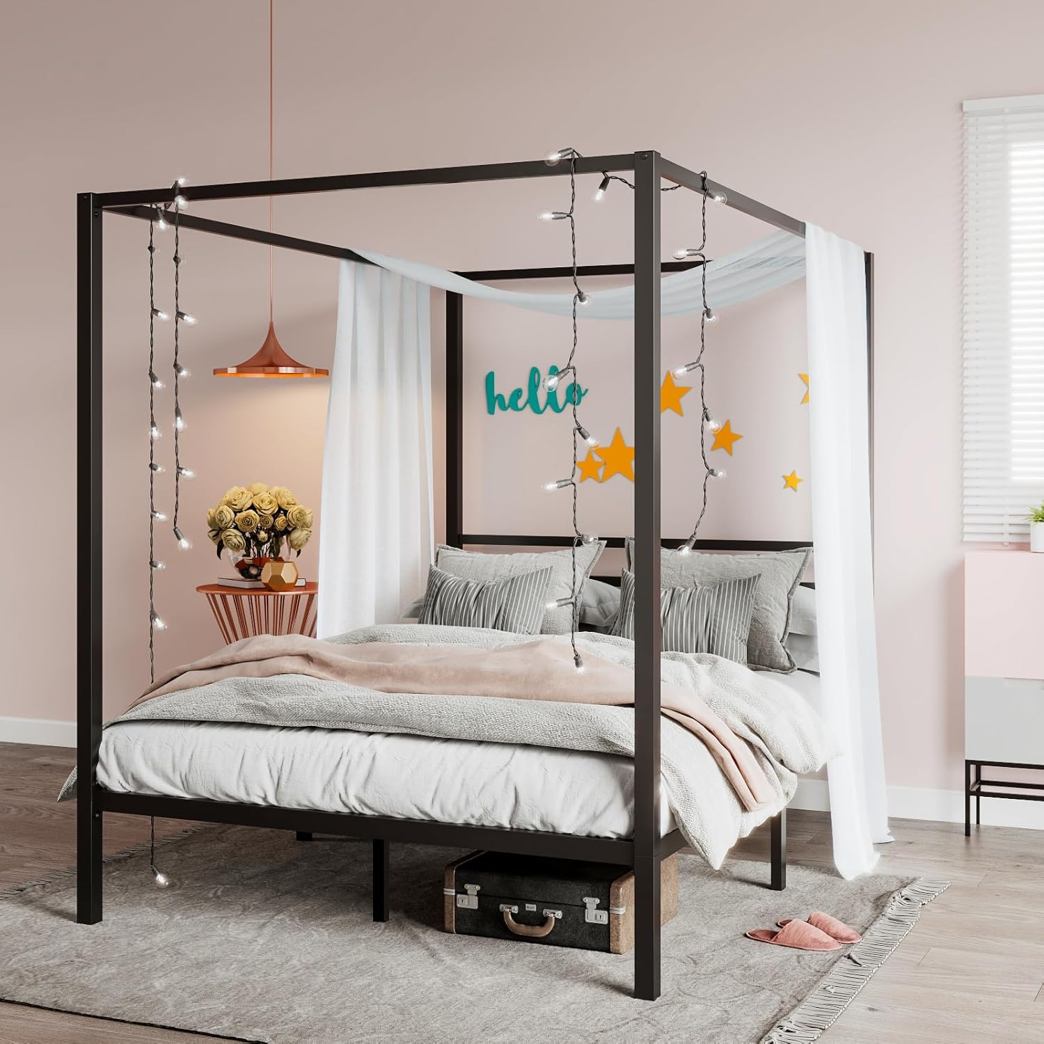SHA CERLIN Canopy Bed Frame Queen Size with Metal Slats Support