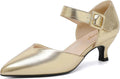 Gold Kitten Heels for Women Pointed Closed Toe Ankle Strap - Dressy