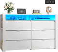 6 Drawer White Wood Dresser for Bedroom with LED and Power Outlets