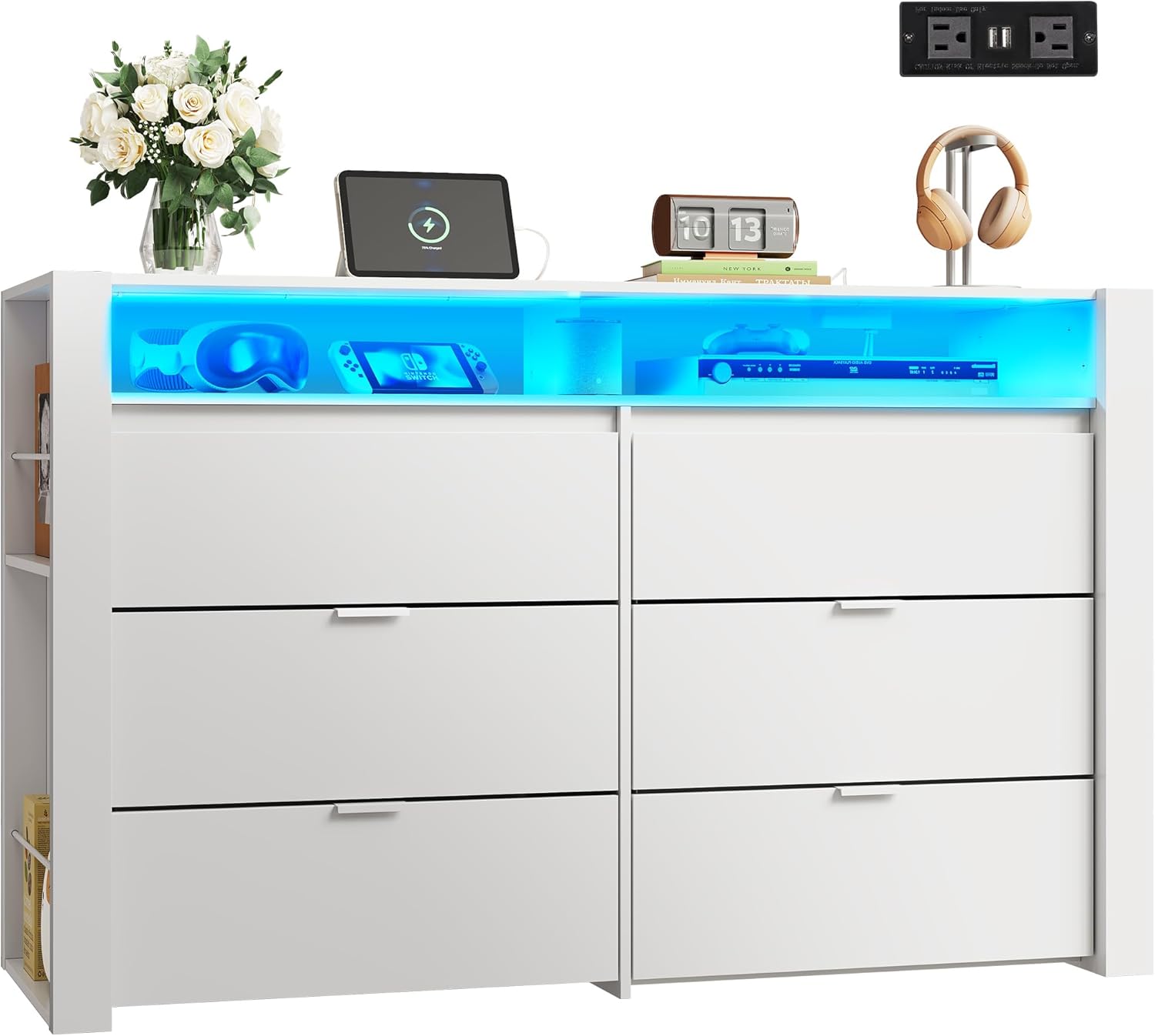 WLIVE 6 Drawer Led Dresser for Bedroom with Power Outlets