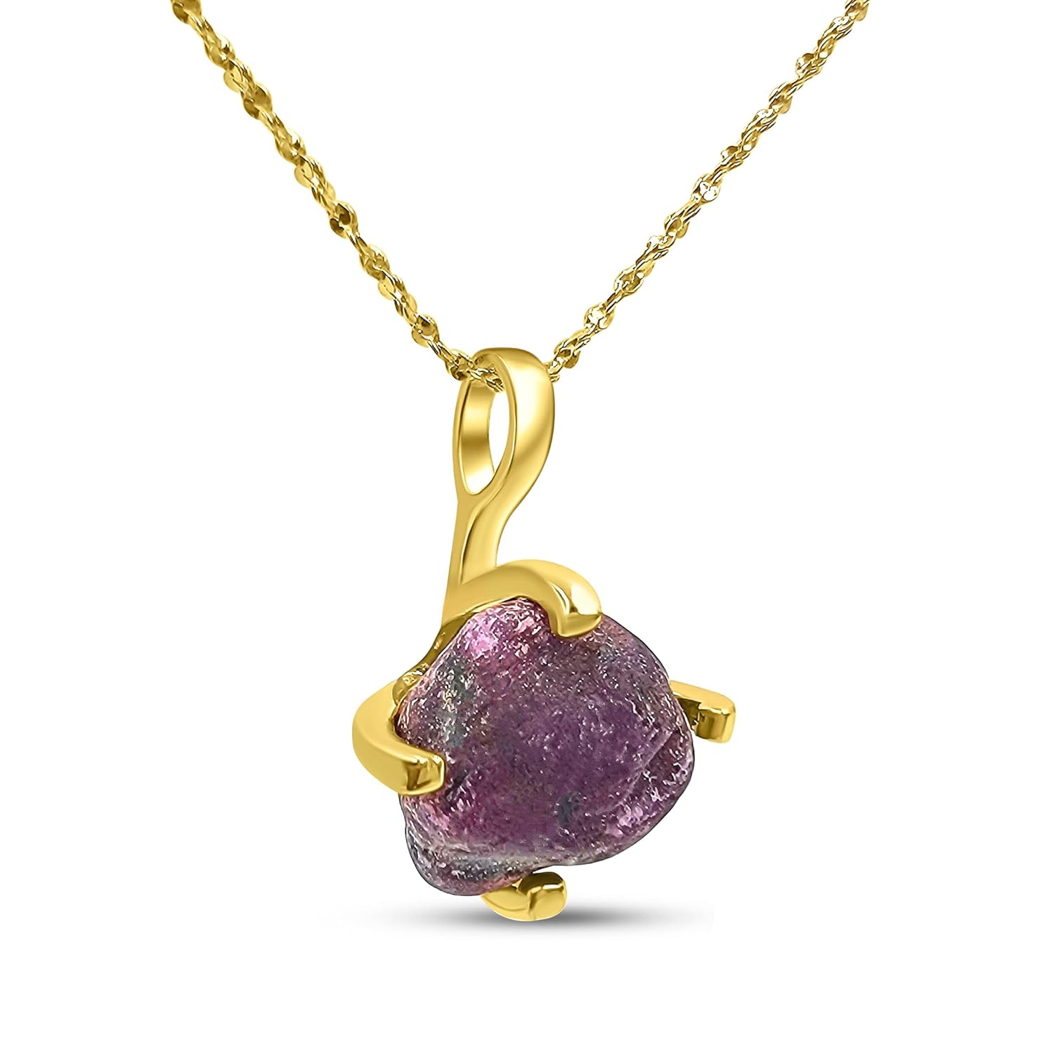 Natural Raw Ruby Chain Pendant Necklace in Yellow Gold Over Silver