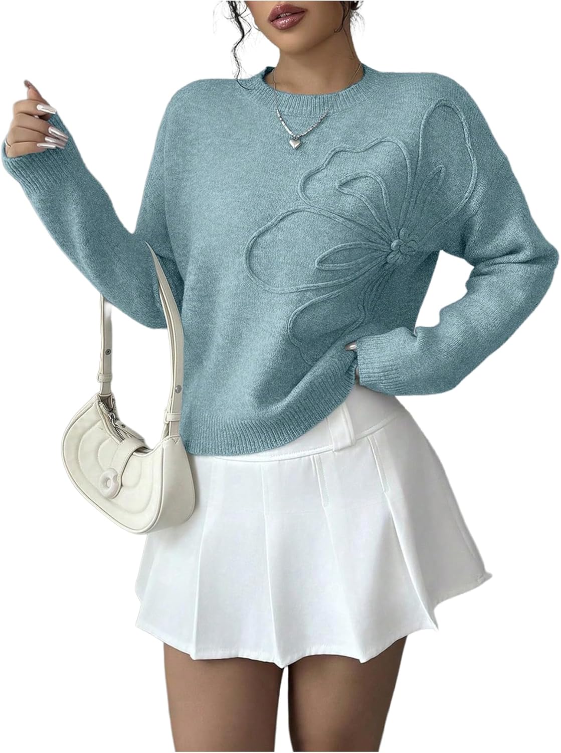 Women's 3D Floral Appliques Crewneck Sweaters for Elegant Style